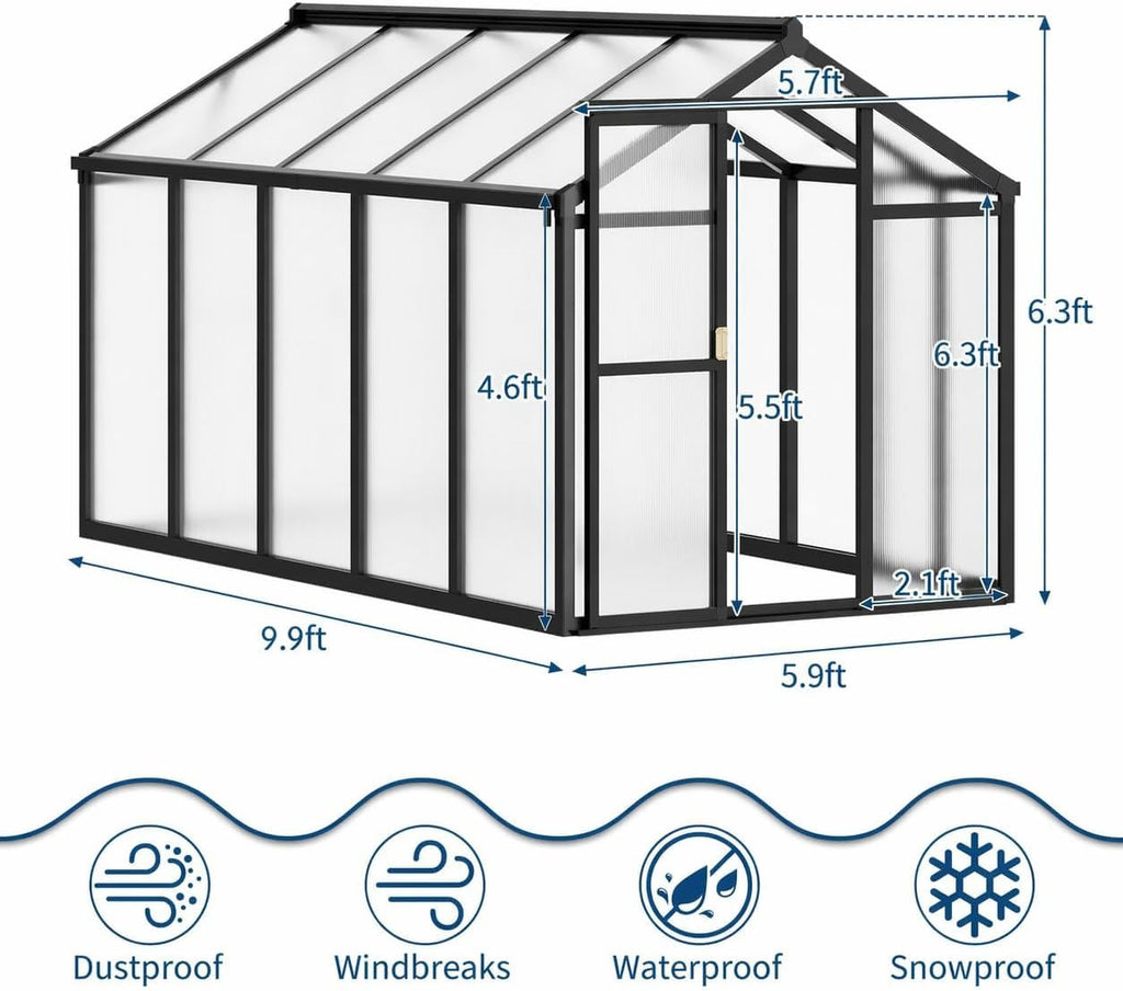 6x10 FT Greenhouse, Easy Assembly Aluminum Polycarbonate Greenhouses for Outdoors with Roof Vent, Large Aluminum
