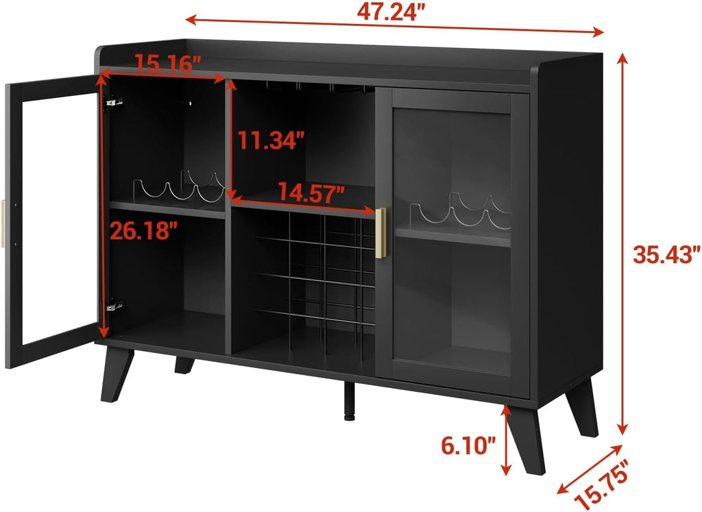 47" Wine Cabinet with LED Light, Living Room Compact Wine Bottle Storage , Wine Bar Cabinet with Glasses Rack
