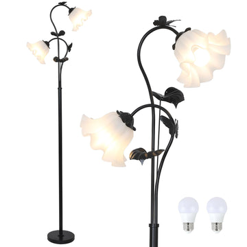 Black Floor Lamp, Flower Standing Lamp with 2 LED 5W Blubs, Foot Switch, Floral Tall Lamp with Acrylic Shade