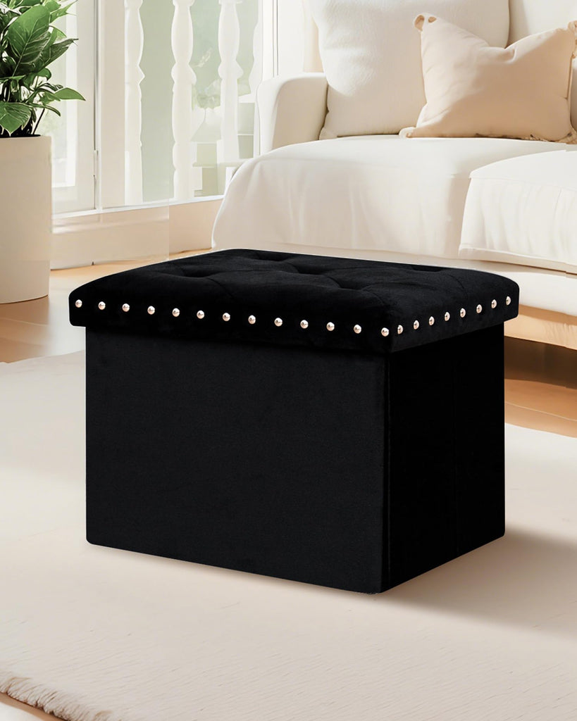 Storage Ottoman Cube, 16.5" Velvet folding Ottoman, Black