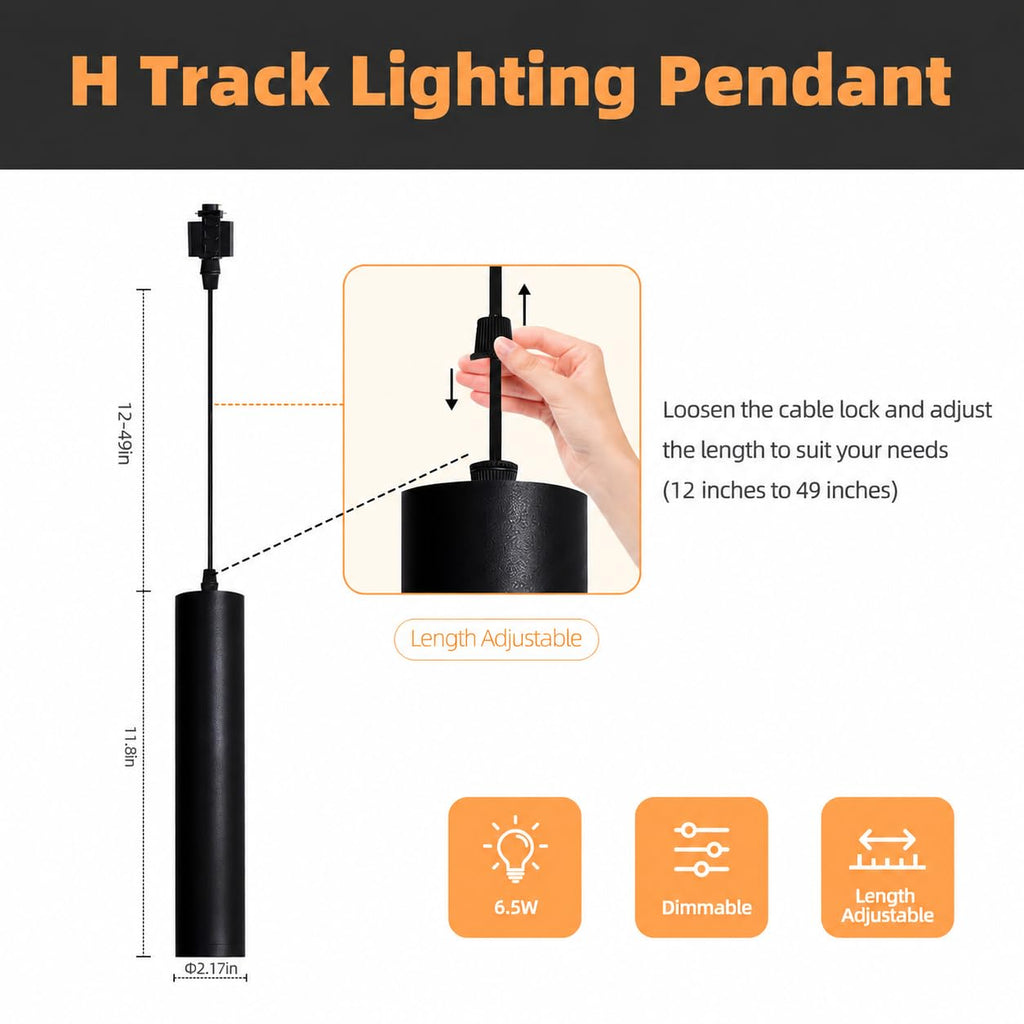 H Track Pendant Lights with Adjustable Cord, Black 6.5W 3 Pack