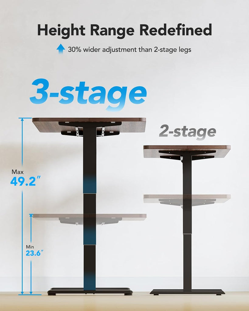 3-Stage Standing Desk Frame with Double Crossbeam,Black Frame Only | 23.6"-49.2" height range,Brushless Motor,220 lbs
