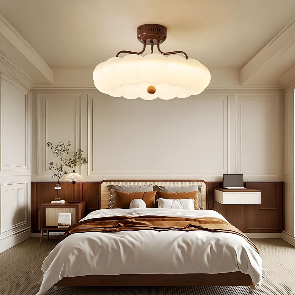 Modern Semi-Flush Mount Ceiling Light, Cloud Scalloped LED Fixture, 20.5 Inch Coffee Lamp, Eye Protection Design