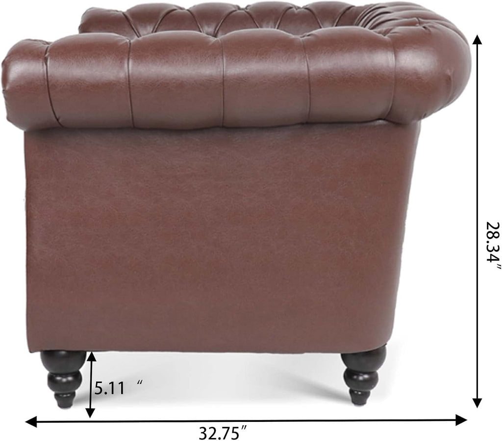 Leather Chesterfield Chair, Mid-Century Modern Single Sofa Chair, Tufted Upholstered Rolled Armchair Bedroom Reading