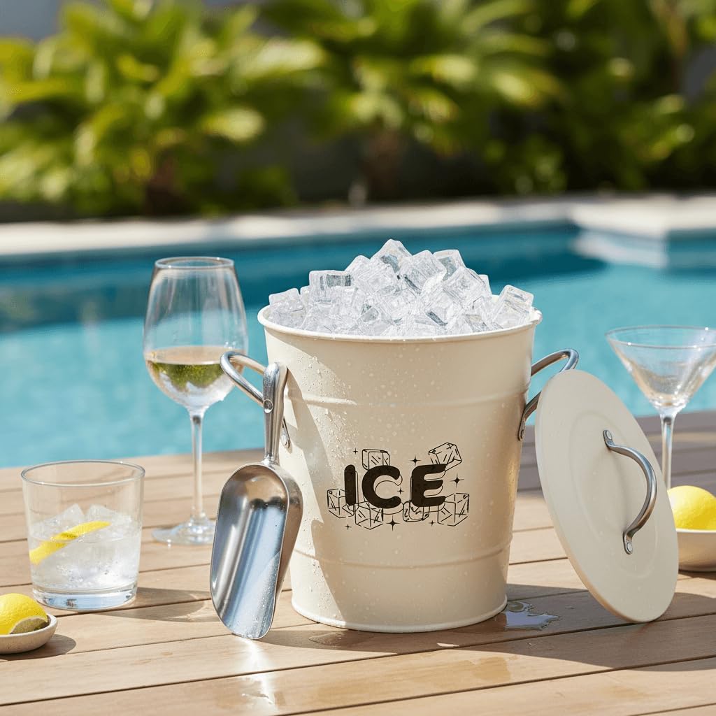 4L Ice Bucket with Scoop and Lid, White Galvanized Steel Beverage Tub with Handles, Double Wall Insulated Wine