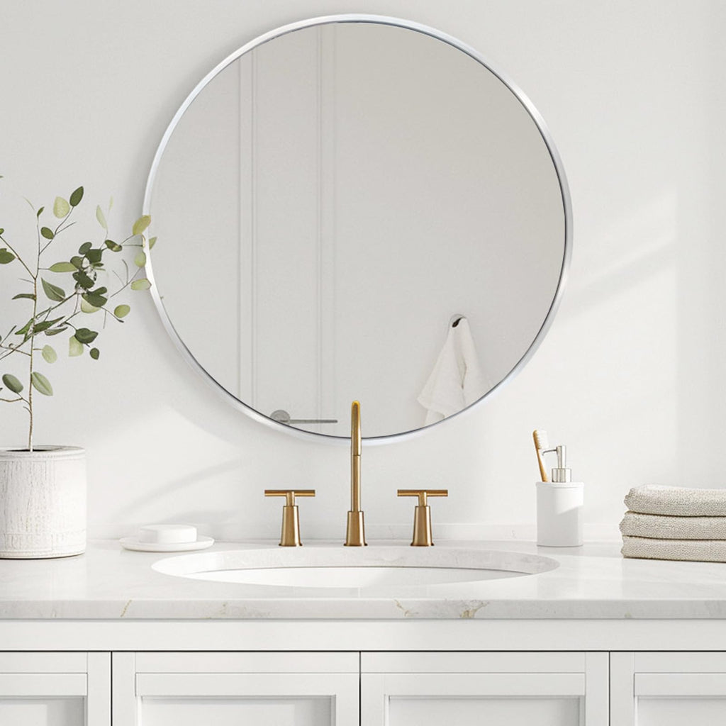 Round Mirror 30 inch Silver, Circle Mirror, Brushed Nickel, Chrome
