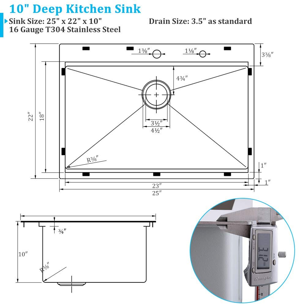 25x22 Drop Sink Workstation, Single Bowl Stainless Steel Top Mount Kitchen Sink Ledge Built In 16 Gauge Handmade 10"