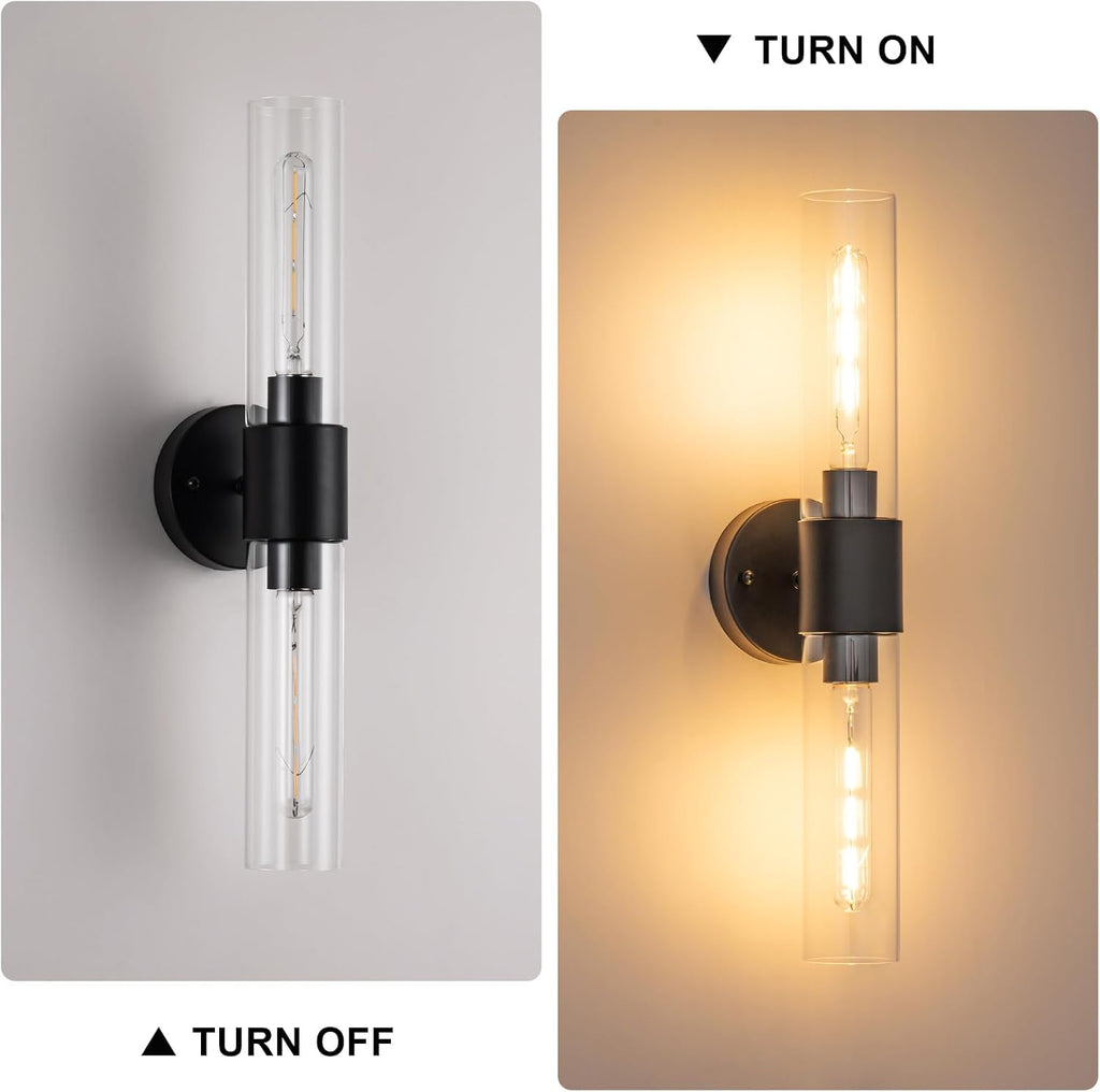 22" Matte Black Wall Lamps,Bathroom Sconces Set of 2 | Industrial Glass Vanity Light, E26 Base,Modern Glass Wall