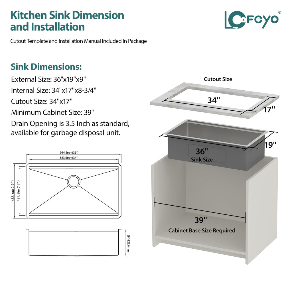 36x19 Inch Large Brushed Undermount Workstation Kitchen Sink 304 Stainless Steel 16 Gauge Handmade Under Counter