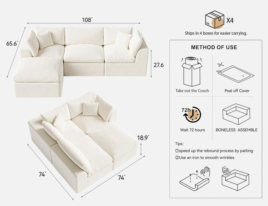 Cloud Sectional Couches | 108 Inch L-Shaped Boneless Couch with Ottoman | Modular Sectionals Sofa Couch Ivory White