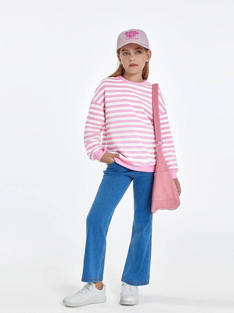 Girls Striped Crewneck Sweatshirt Long Sleeve Oversized Tops