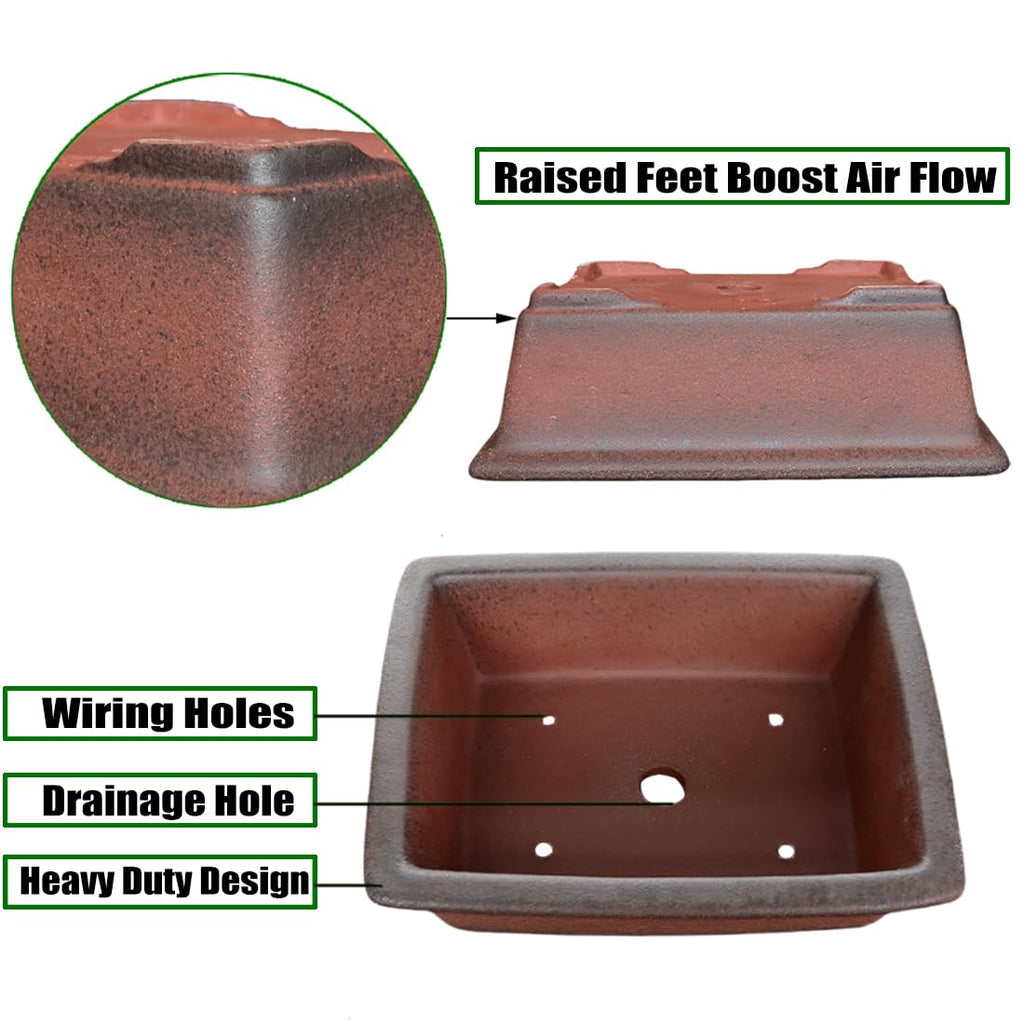 Decorative Ceramic Bonsai Planter Pot 8.5 Inch with Tray, Breathable Unglazed Rectangle Terracotta Clay Pot for Tree