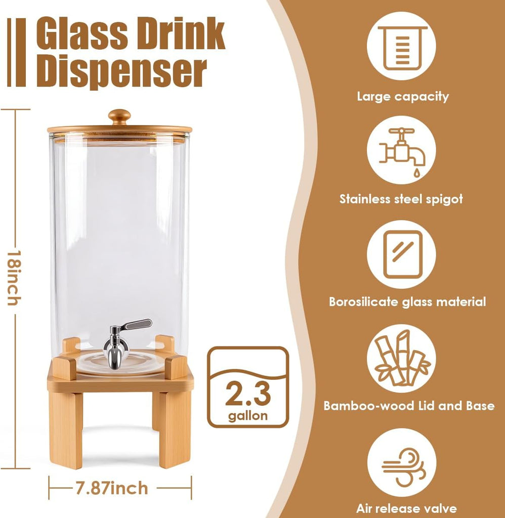 2.3 Gallon Large Glass Drink Dispenser for Parties, with Wood Stand, Juice & Lemonade Dispenser, Iced Beverage