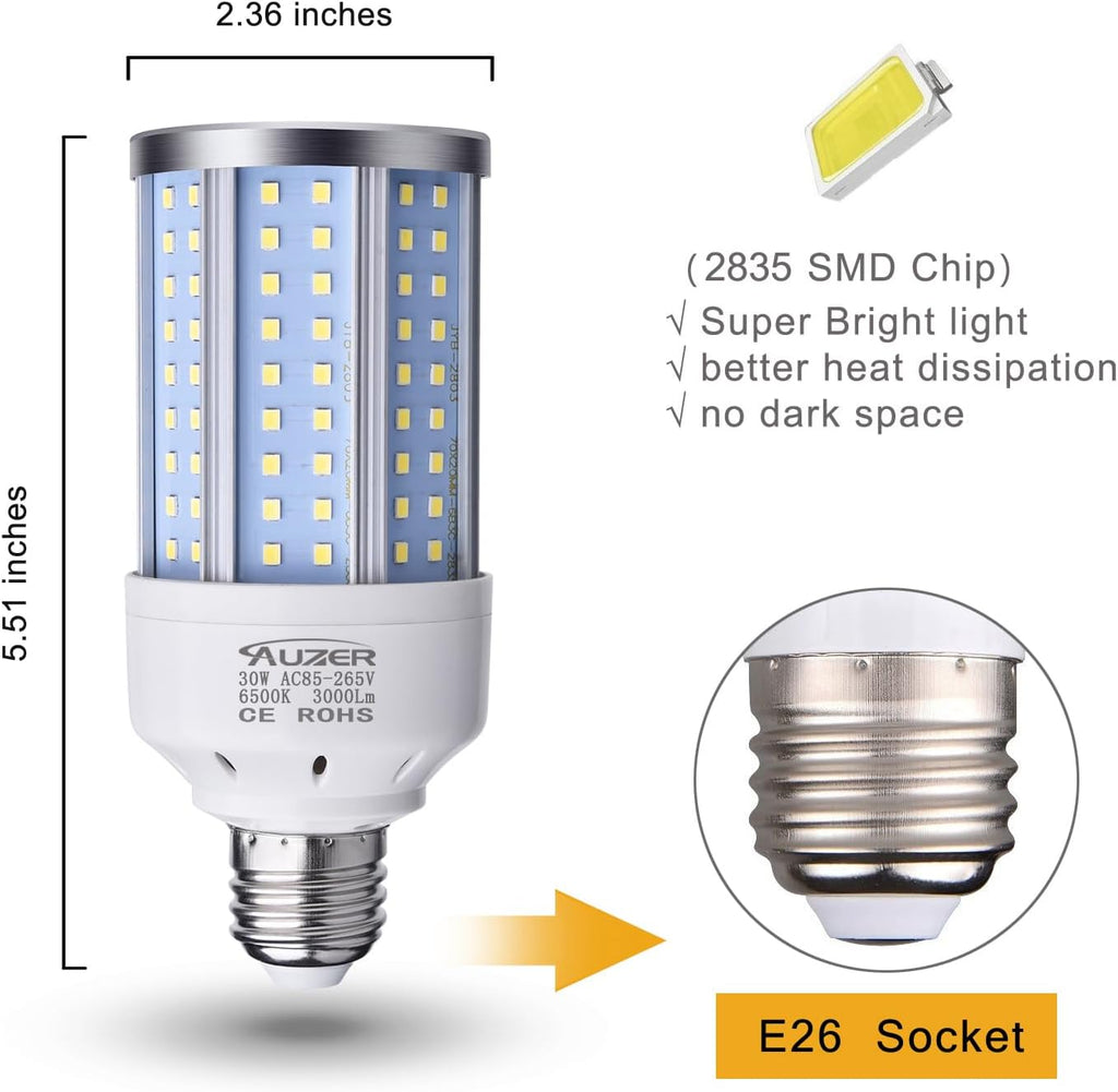 30W (200W Equivalent), Daylight, E26 Standard Base, LED Corn Light Bulb | 2-Pack
