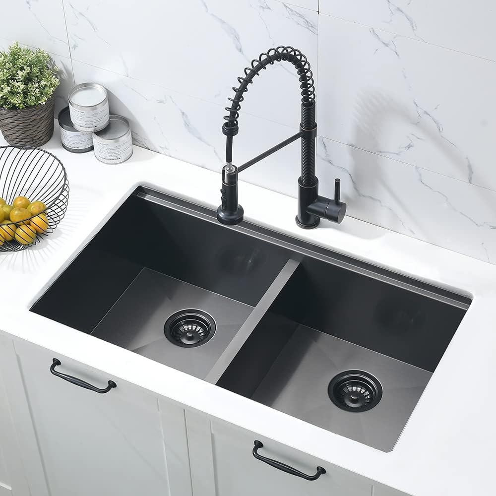 33 Inch Black Double Bowl Undermount Kitchen Sink Workstation 50/50 | 33x19 Double Bowl Kitchen Sink 16 Gauge Black