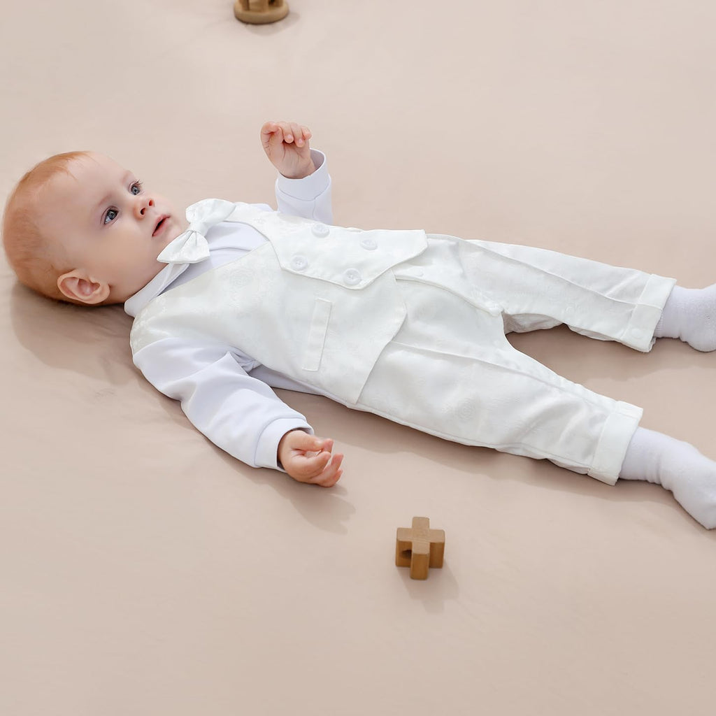 Baby Boy Baptism Outfit Long Sleeve Romper White
