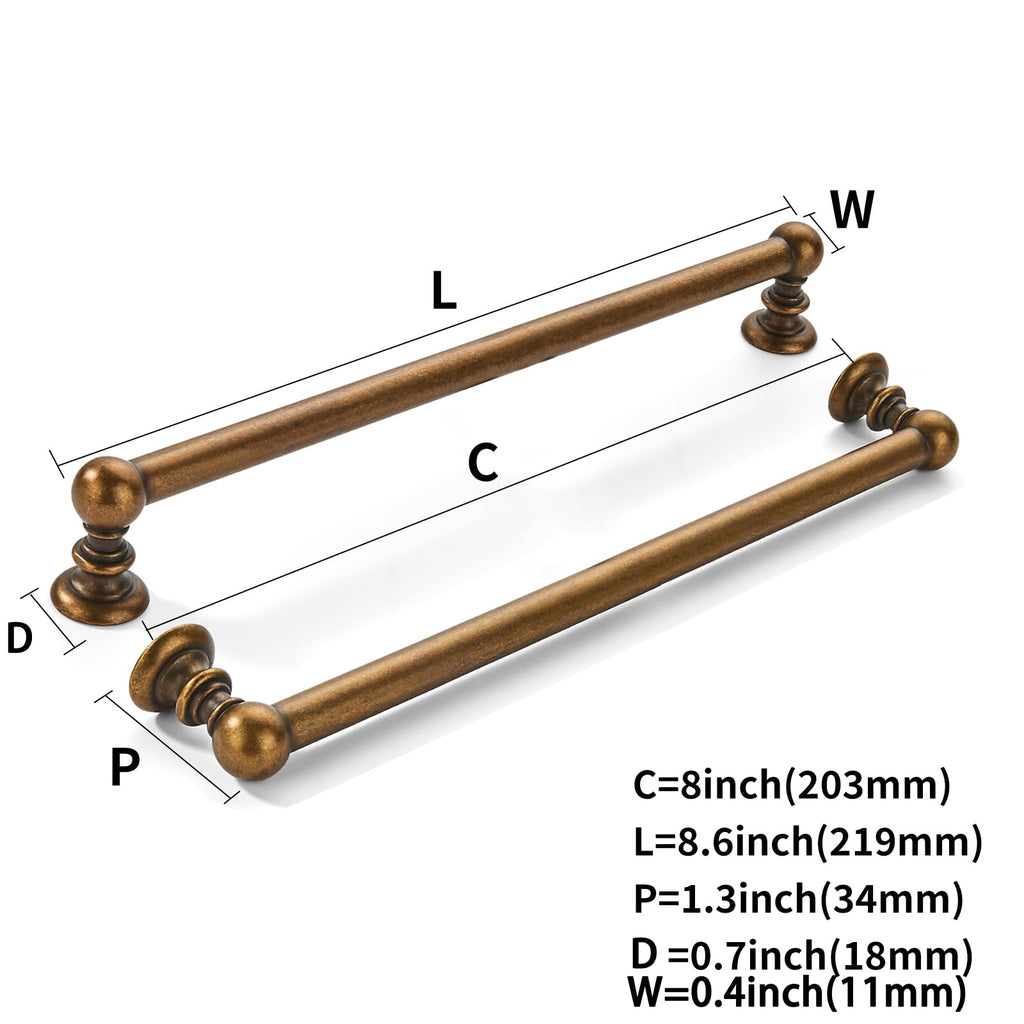10 Pack 8 inch(203mm) Hole Center Antique Brass Cabinet Pulls Solid Heavy-Duty Kitchen Cabinet Hardware for Drawers
