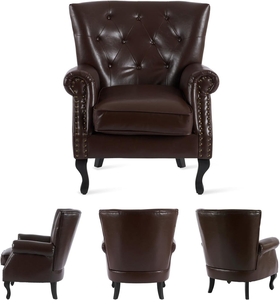 PU Leather Accent Chair, Mid-Century Modern Armchair Living Room Club Chair with Tufted Button & Rivet Trim