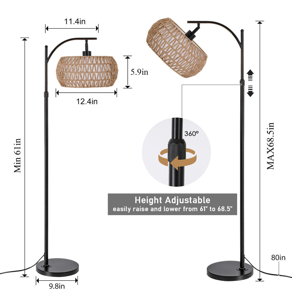 Arc Floor Lamp with Remote Control, Boho Farmhouse Standing Lamp with Stepless Dimmable Bulb and Fabric & Rattan