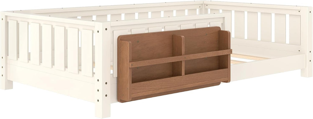 Kids Montessori Floor Bed Frame with Bookshelf and Guardrail, Solid Wood Floor Bed Frame with Slats for