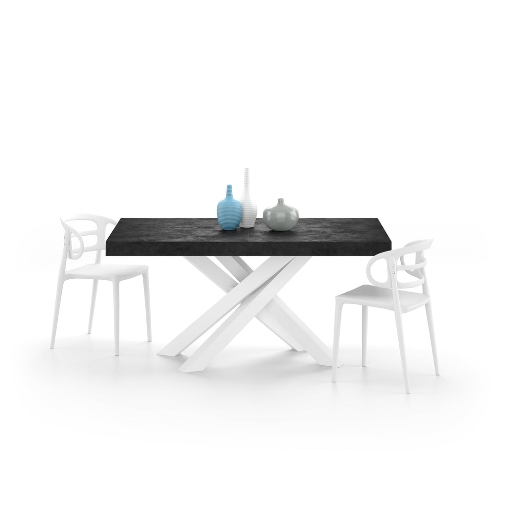 Emma 63(94.5) x35.4 in, Extendable Dining Table, Concrete Effect, Black with White Crossed Legs, Made in Italy