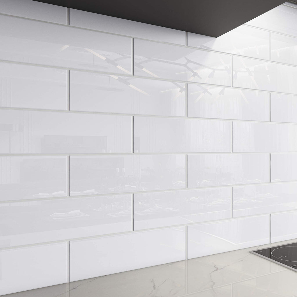 Glass Subway Backsplash Tile, 4x12, Bright White