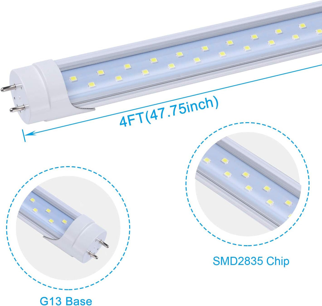 T8 4FT 48" 28W LED Tube Light, 6000K Cool White, Dual-Row LED Fluorescent Bulbs,Clear Cover, G13 Base Two Pins