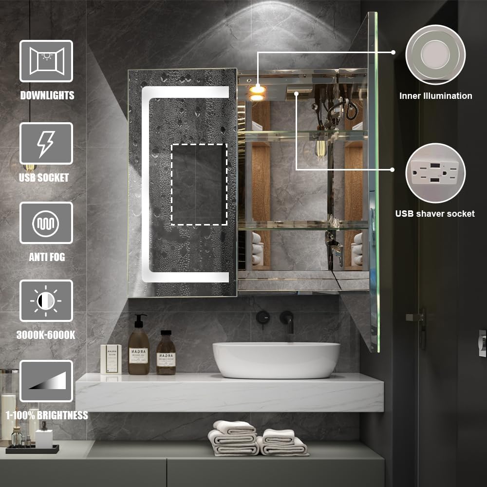 Stainless Steel LED Medicine Cabinet,Bathroom Mirror Cabinet with Light,3 Color,Dimmable,Equipped with Defogger,USB