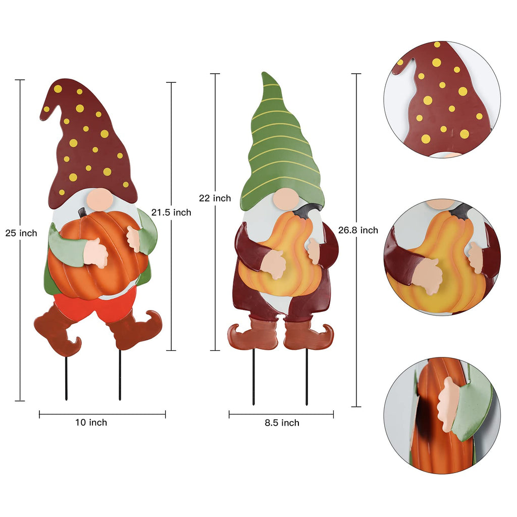 Fall Decorations Outdoor, 2 Pack 25" Decorative Garden Stakes with Gnomes Pumpkin for Fall Decor, Metal Yard Signs