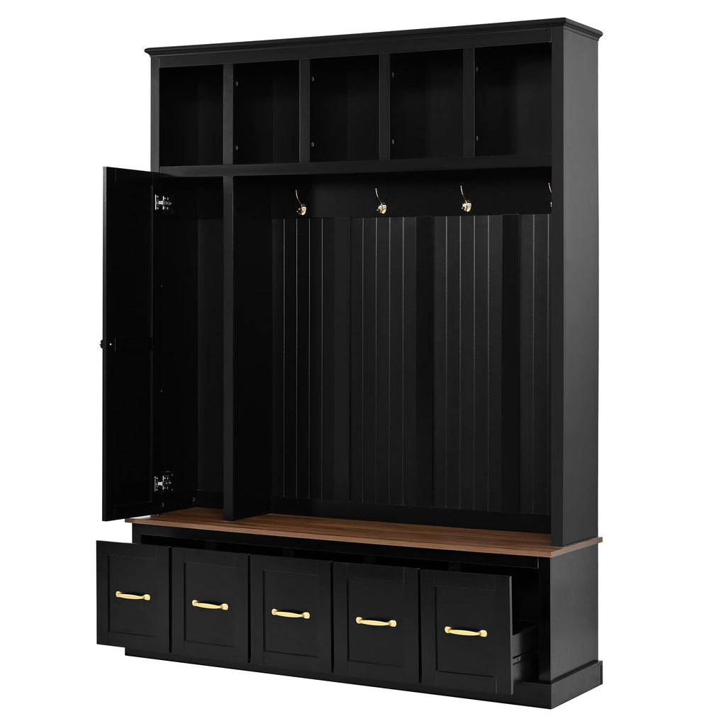Hall Tree Wood Entryway Coat Rack with Shoe Bench, Hooks and Drawers (Antique Black)