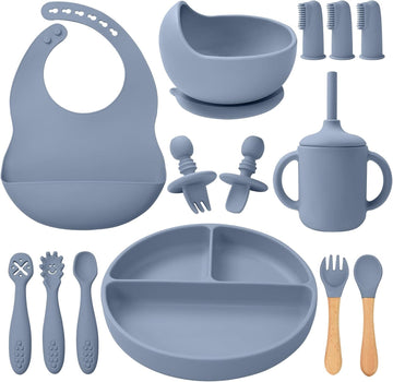 Feeding Set 14 Pcs,Baby Led Weaning Supplies, Baby Spoons Suction Bowl Divided Plate Bib Cup Finger Brush,First Stage