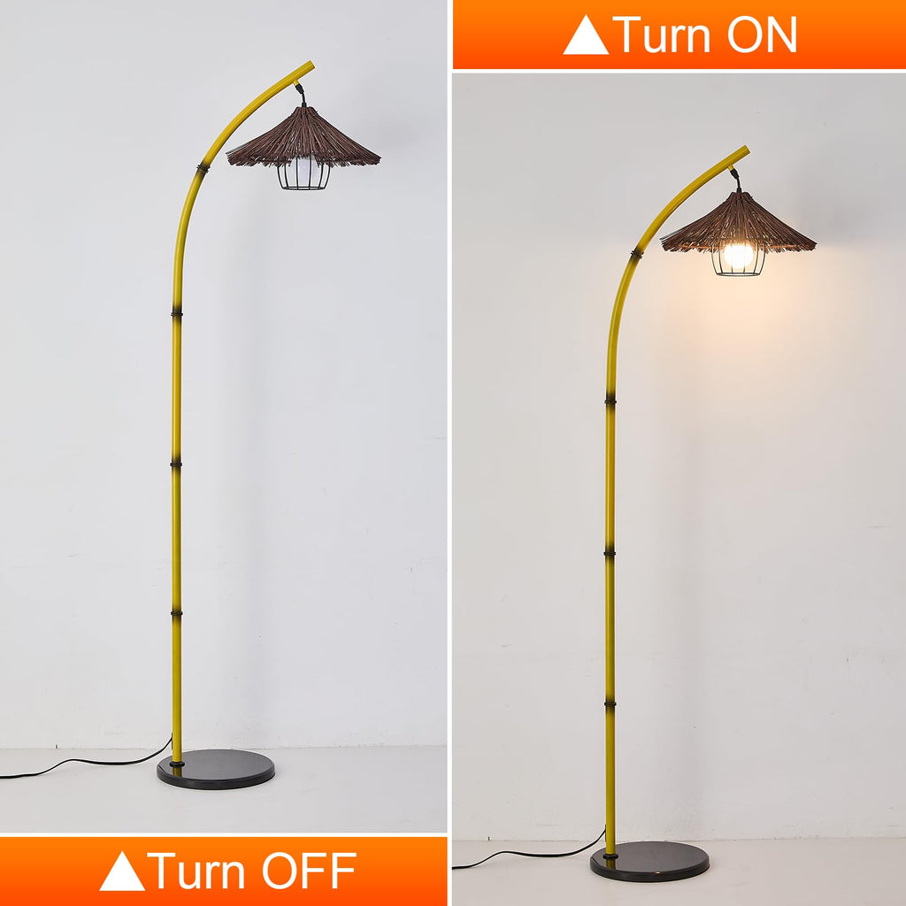 Bamboo Floor lamp Mid Century Rattan Retro Floor lamp Bohemian, Arc Floor Lamps Tall Reading Lamps Antique Rattan