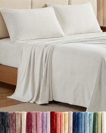 Fleece Sheets Queen Size Set - 4-Piece Velvet Flannel Sheet Set - Ivory