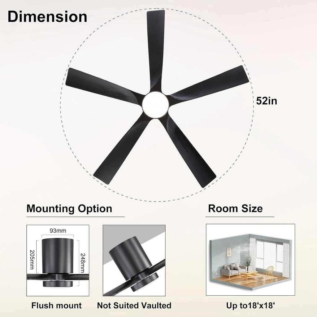52 Inch Flush Mount Ceiling Fan with Lights, Low Profile Modern Ceiling Fan with Remote, Quiet DC Motor, 6-Speed