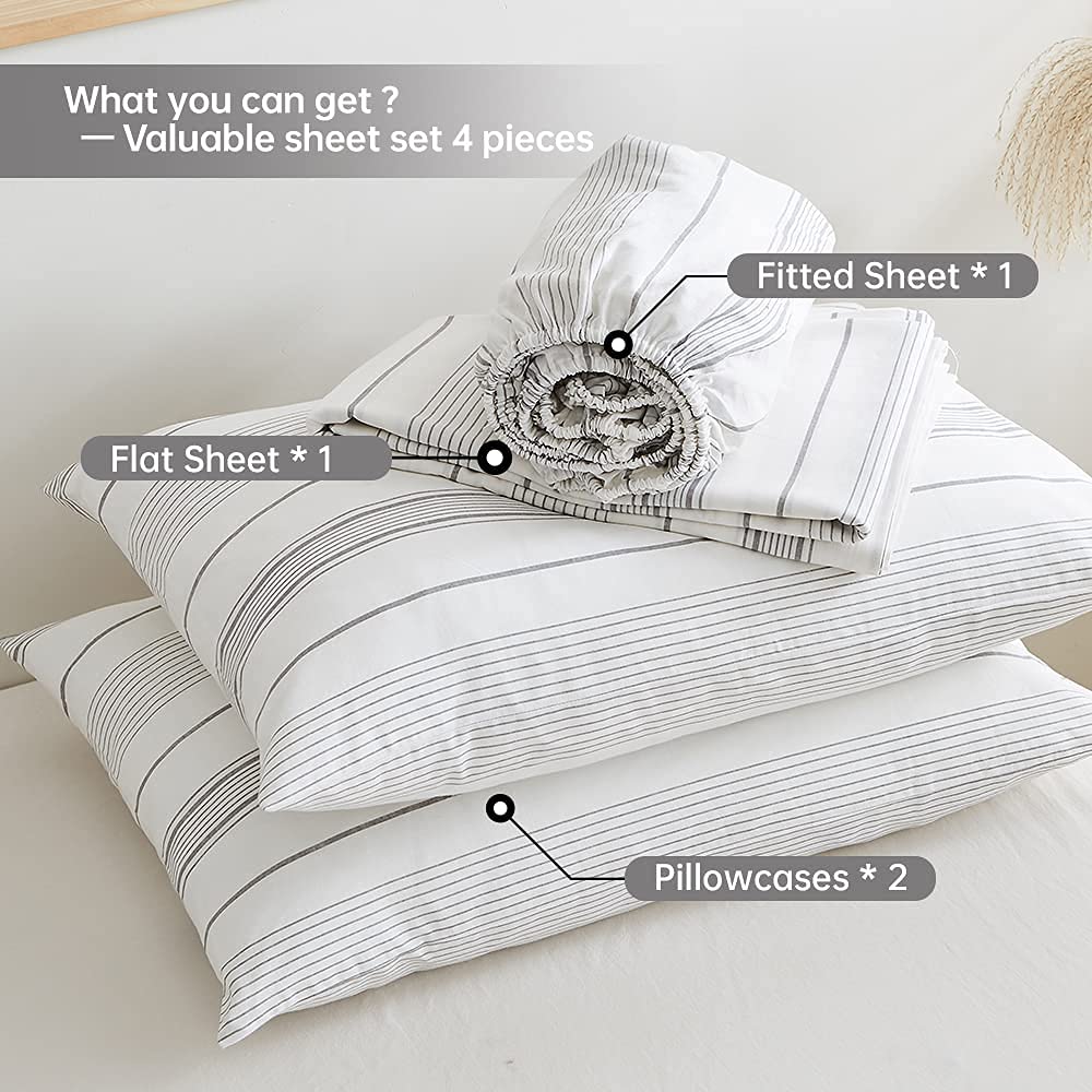 Linen Sheet Set 4 Pieces Natural Flax Cotton Flannel Sheets 14" Deep Pocket Horizontal Stripes Printed Soft