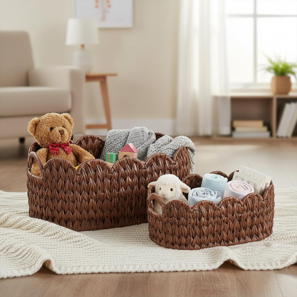 Wicker Scalloped Basket Set of 2,Woven Storage Baskets for Shelves,Closet,Laundry,Gift,Towels,Books,Toys,Waterproof