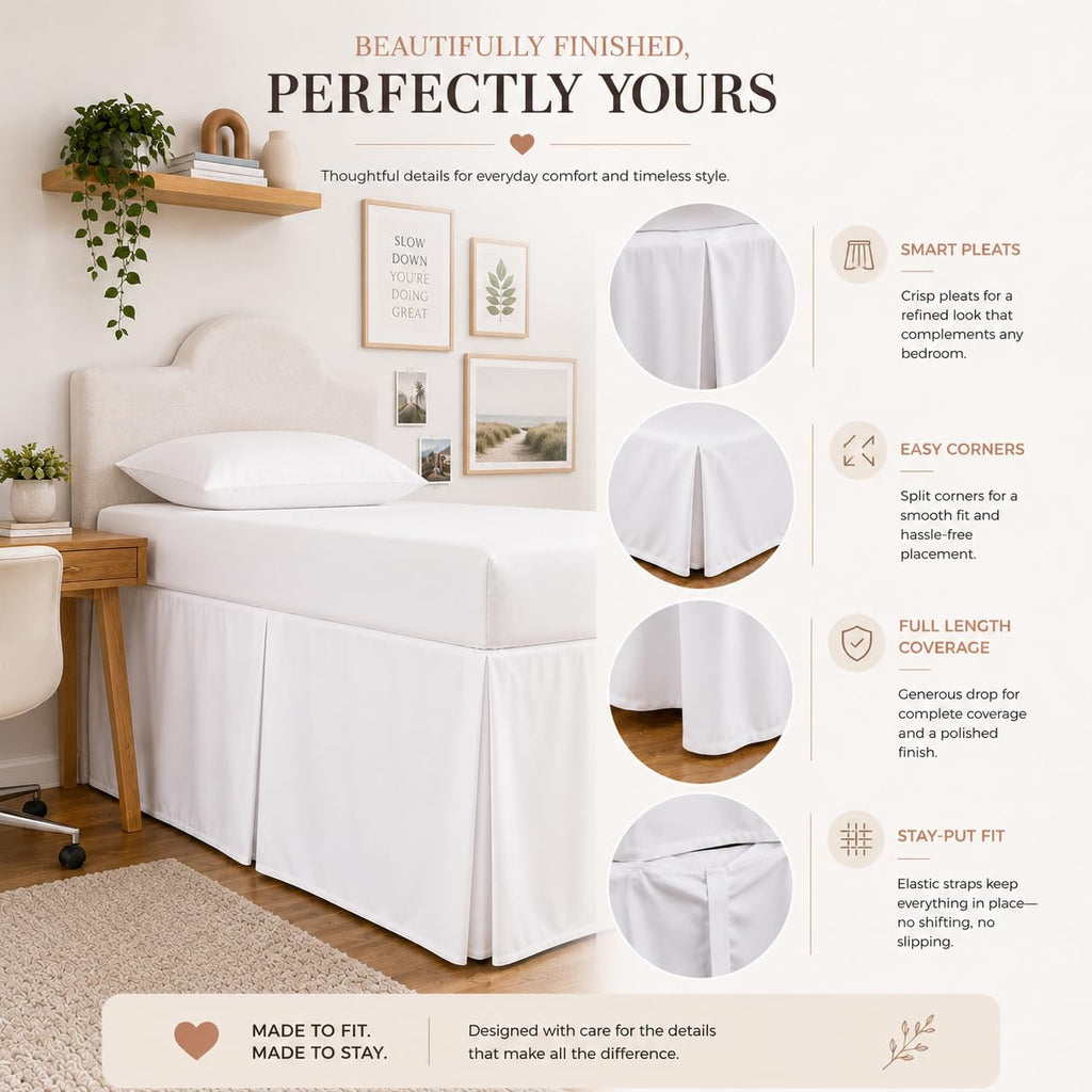 Box Pleated Dorm Room Bed Skirt with Split Corners, 100% Microfiber Soft, Sheen & Luxurious Look, Tailored Drop Easy
