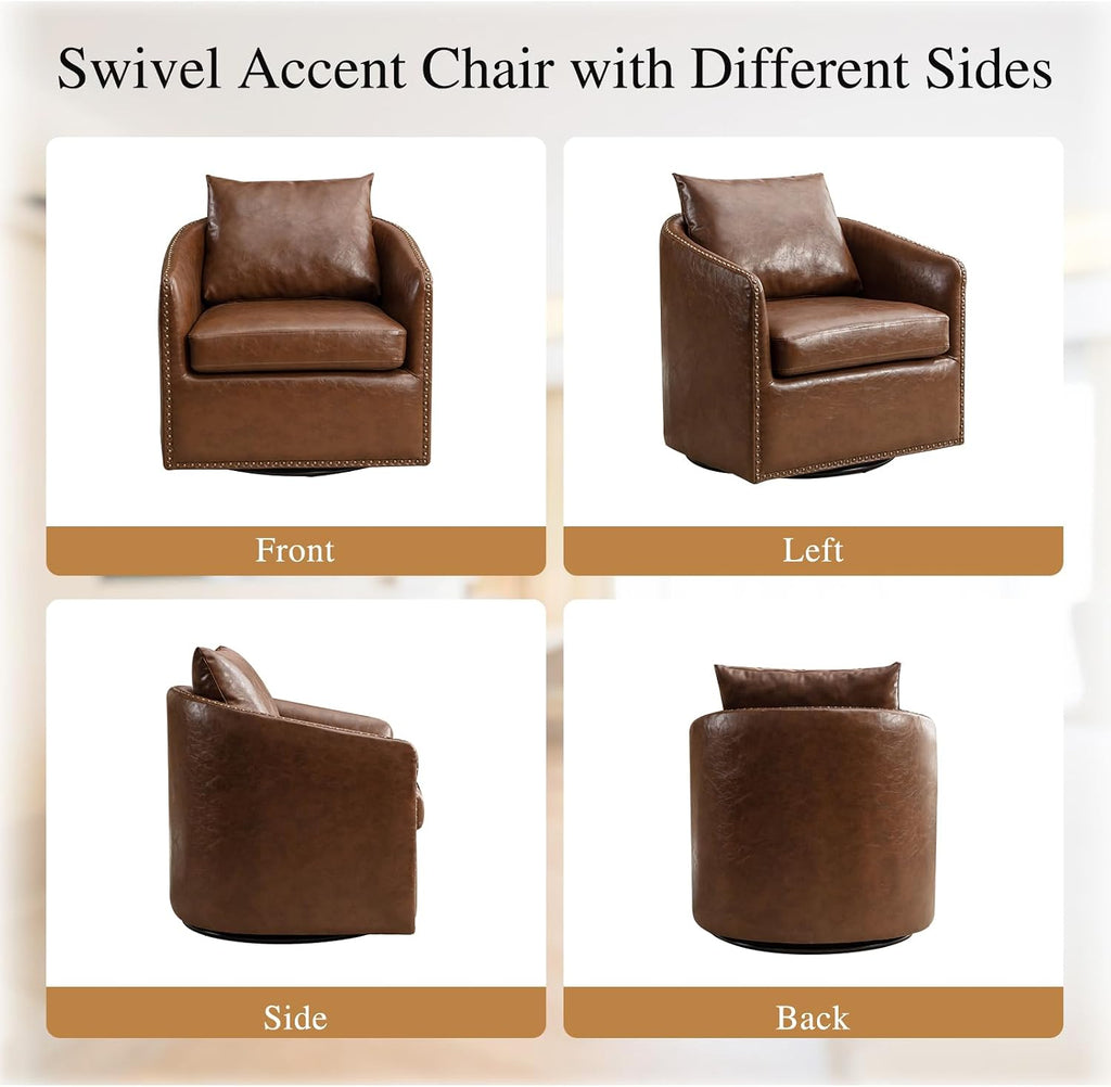 Degree Swivel Accent Chair Set of Two with Plump Back Pillow, Waterproof Oil Waxed PU Leather Swivel Armchair - Set of 2
