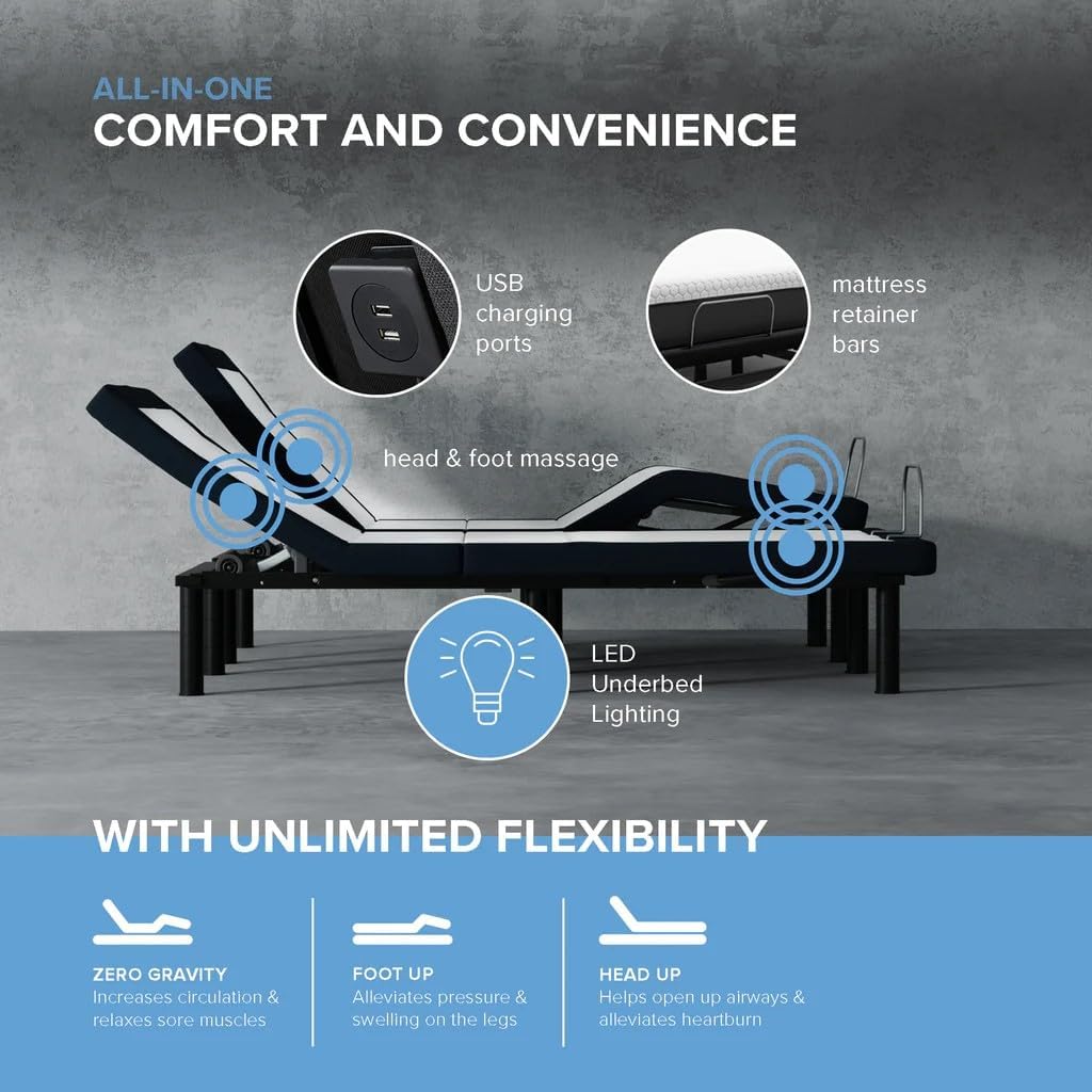 Z4 Full Size Adjustable Bed Frame for Storage Beds with Massage Anti-Snore, Zero G, USB Charging Station, Wireless
