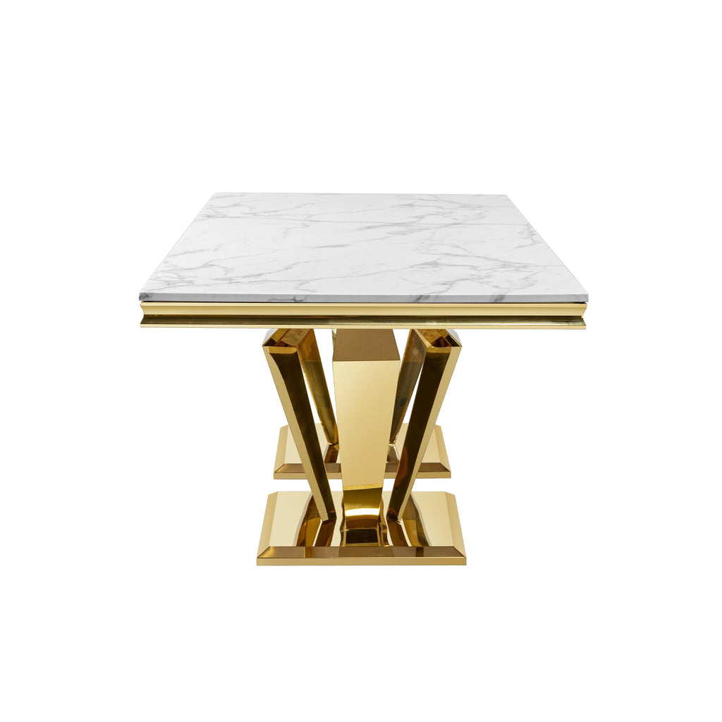 Modern Faux Marble Dining Table with Gold Stainless Steel Legs & White Marble Grain Top 66.9" Rectangular