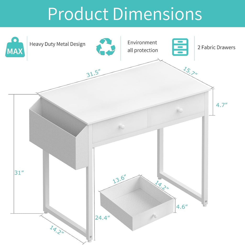 Small White Kids Desk with Drawers, 32 Inch Home Office Desks with Fabric Storage Drawer and Bag, Study Writing