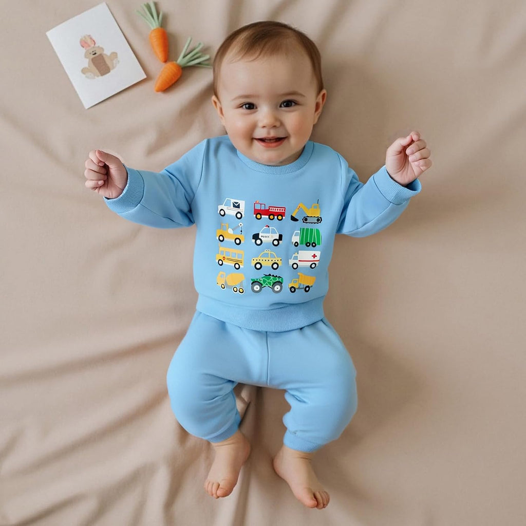 Baby Boy Fall Winter Clothes Toddler Kids Solid Outfits Vehicle Long Sleeve Sweatshirt Tops + Joggers Pants Set
