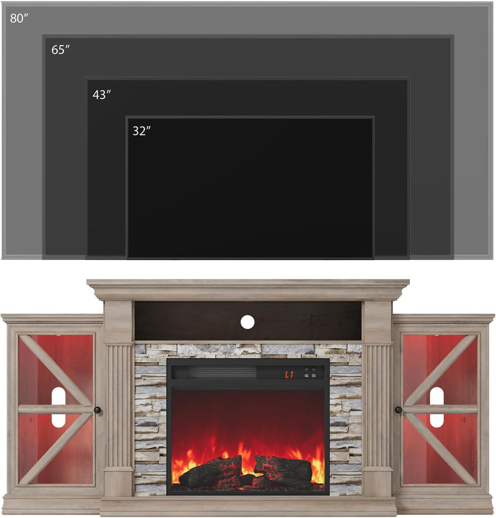 QUW Electric Fireplace TV Stand, 70" Farmhouse Entertainment Center with Open Shelf and Glass Barn Door Cabniet