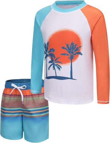 Boys Two Piece Rash Guard Swimsuits Set with Swim Trunk Kids Long Sleeve Bathing Suit Swimwear Set