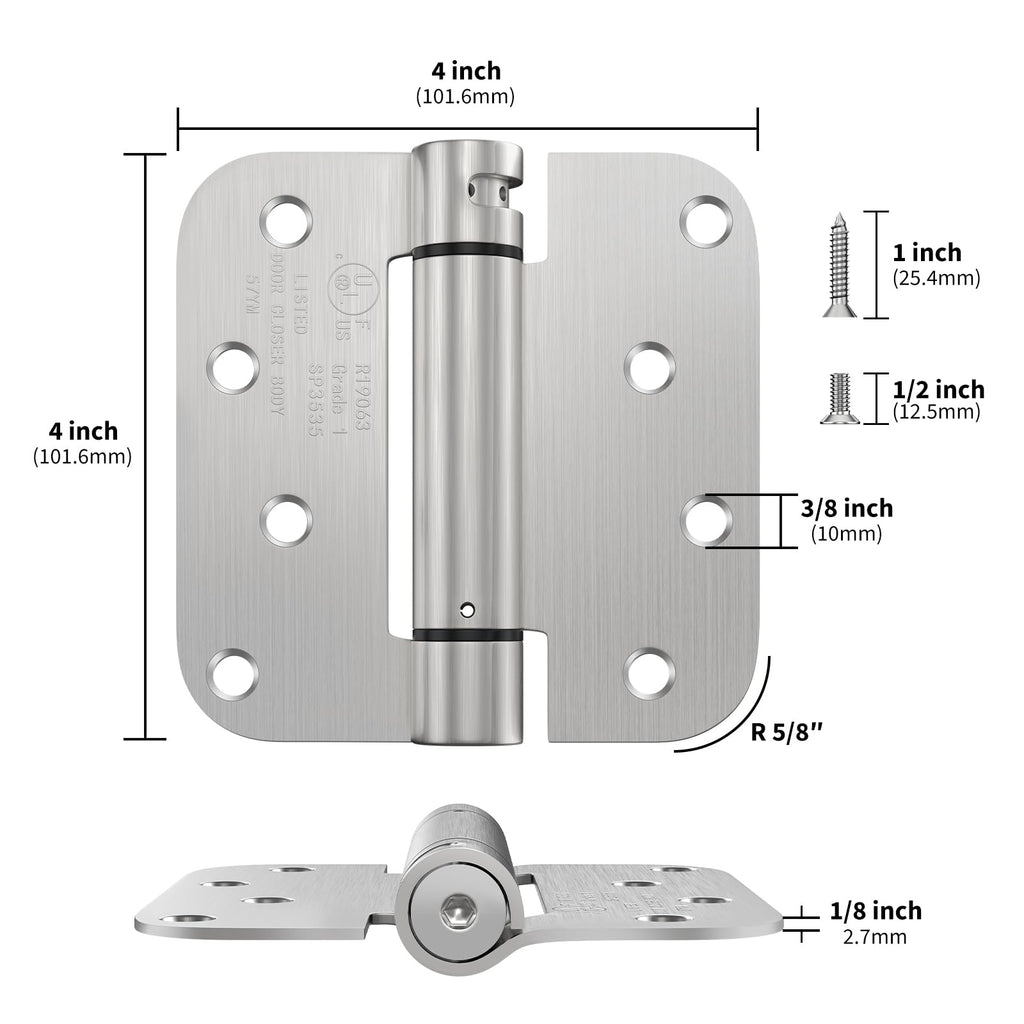 2 Pack 4 Inch Spring Loaded Brushed Nickel Door Hinges 5/8" Radius Corners