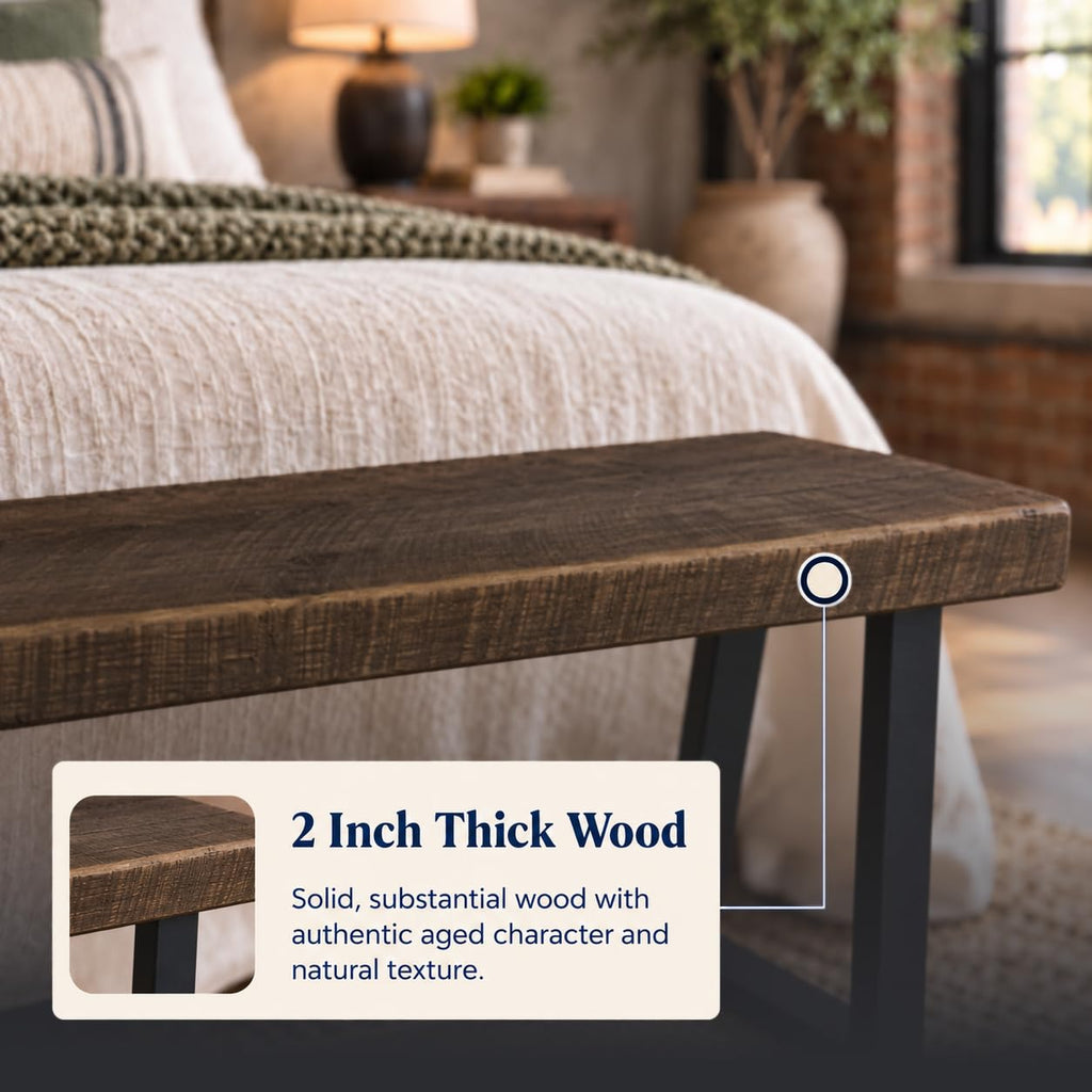 Rustic Revival Reclaimed Barnwood Bench, Solid Wood with Metal Base, Modern Farmhouse Style, 2-Inch Thick Top, (48x12)
