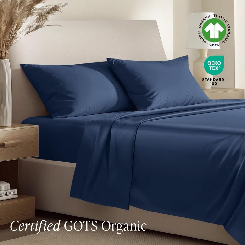 100% Organic Cotton Sateen Sheet Set (Twin XL, Dark Blue)