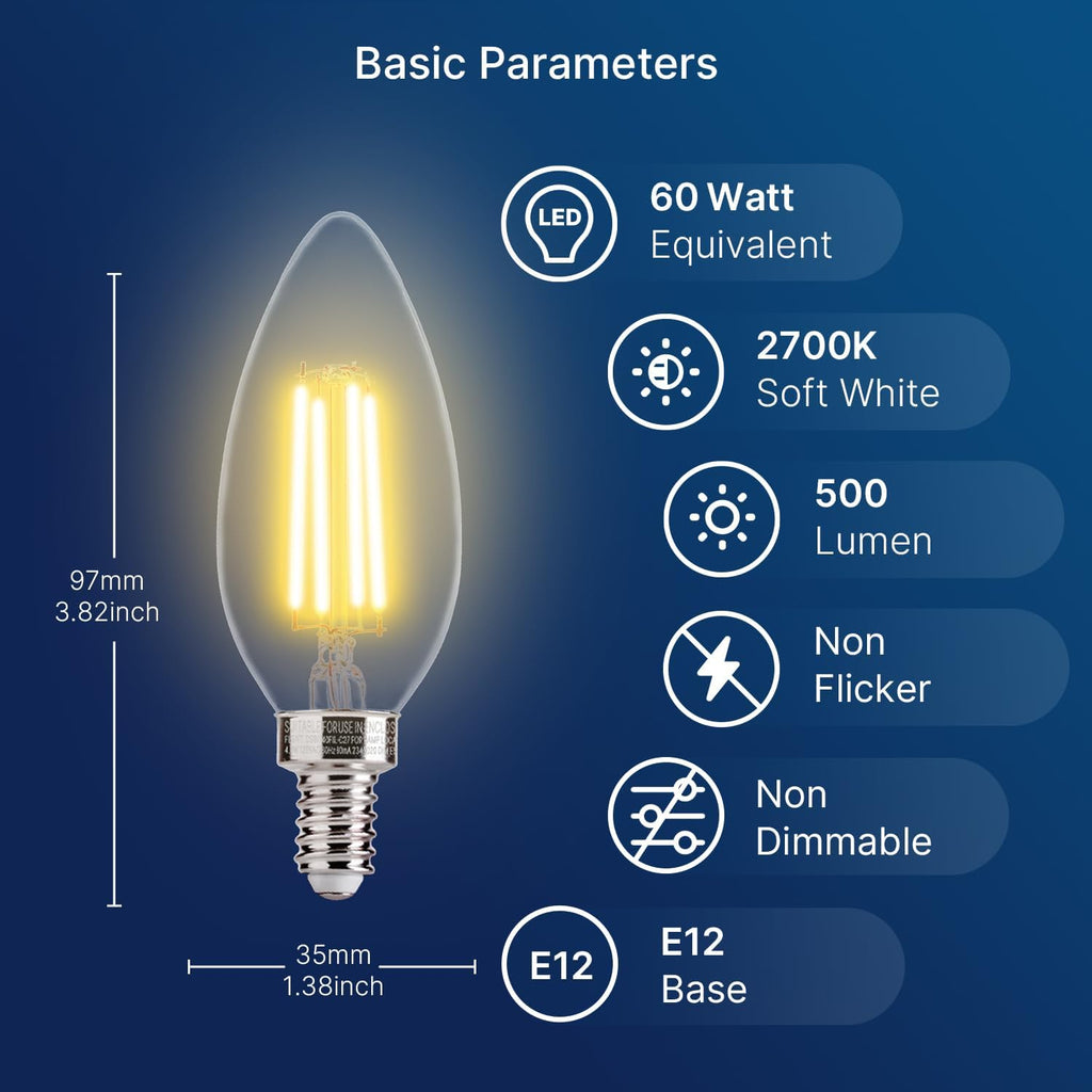 60W Equivalent LED Chandelier Light Bulbs, E12 Base, Clear B11 LED Filament Candelabra Bulbs, 2700K Soft White