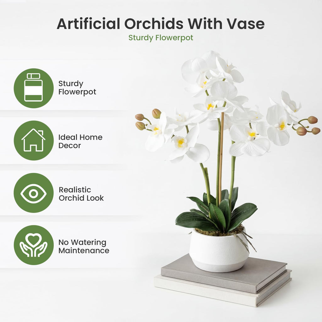 Artificial Orchid Flower Potted, 2FT White Real Touch Orchid Artificial Flowers with 4 Stems Artificial Phalaenopsis