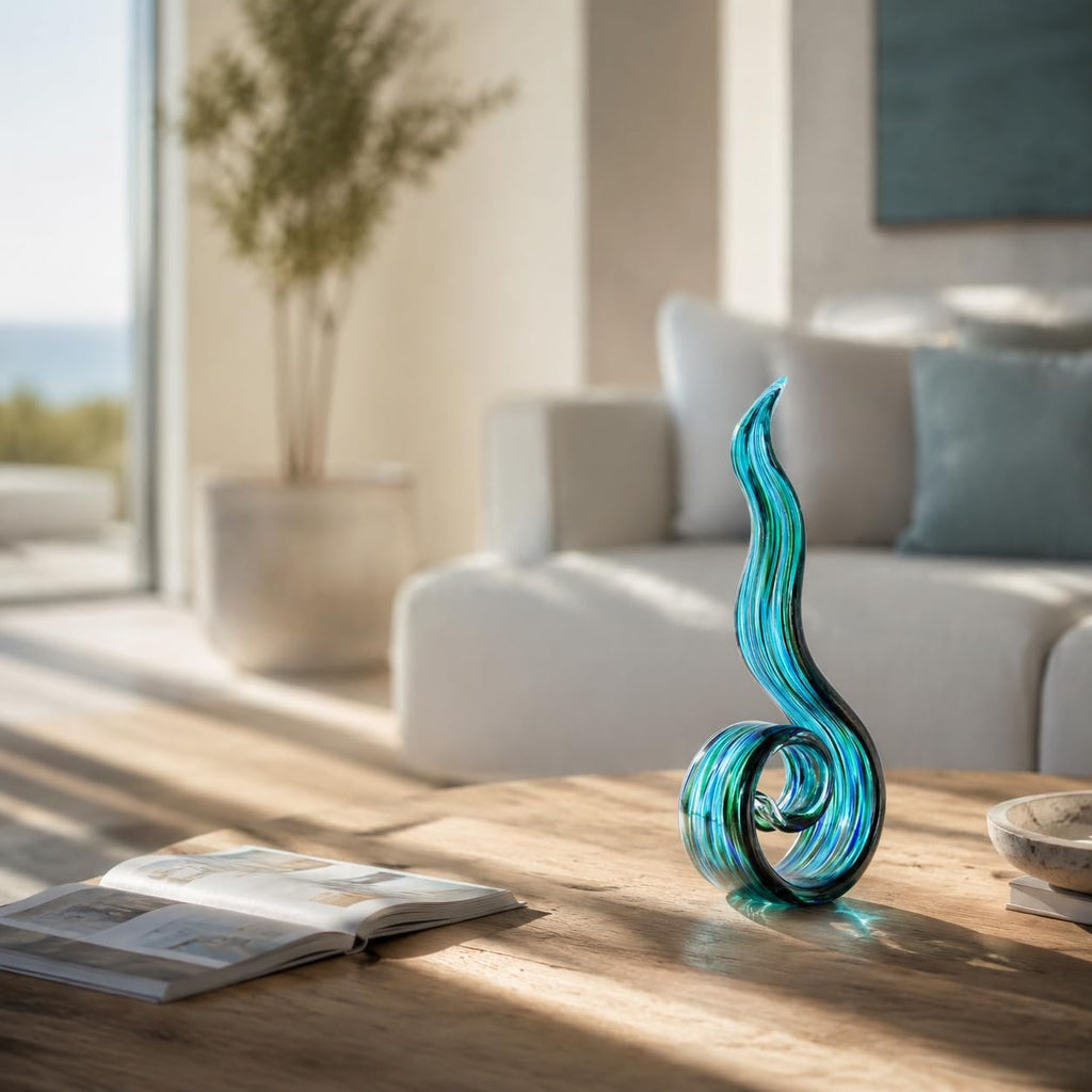 Glass Sculptures Home Decor, Hand Blown Art Glass Statue, Abstract Wave Flame Figurine Shelf Tabletop Entryway